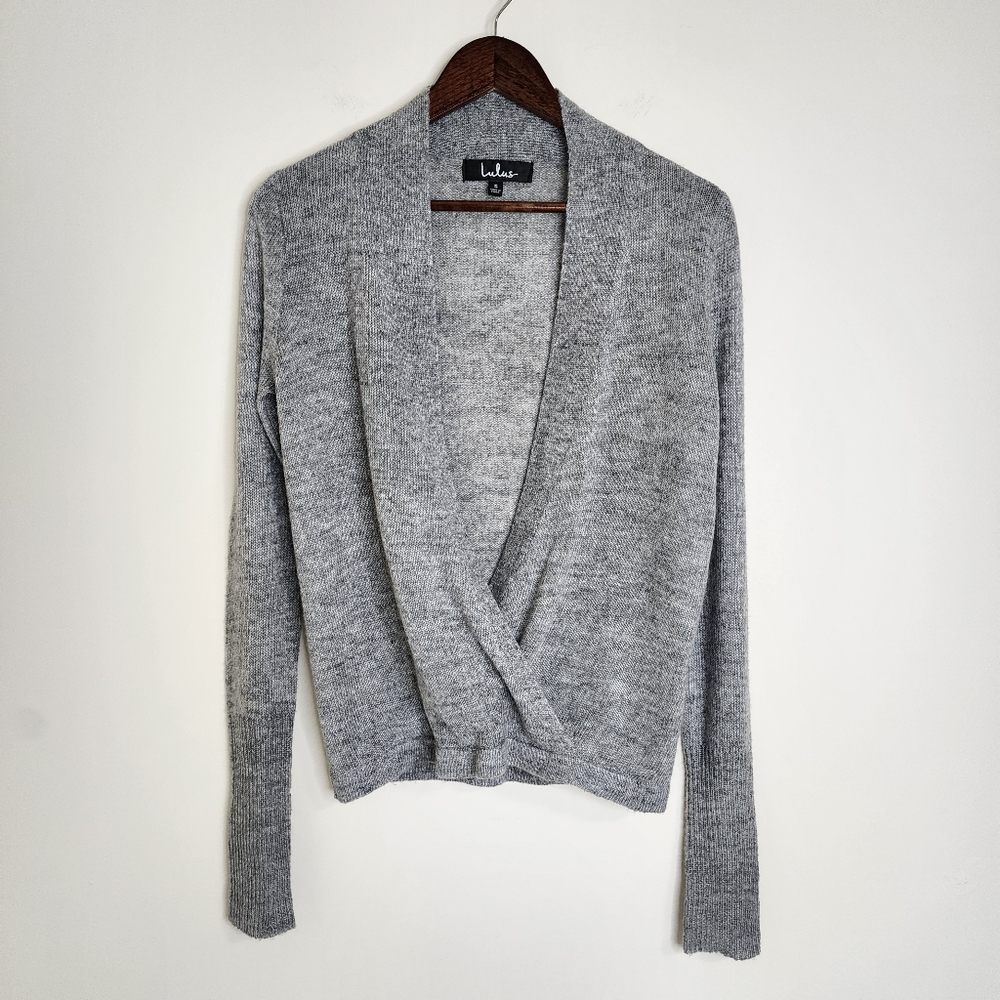 Lulus Gray Lightweight Faux Wrap Sweater Small Business Casual Minimalist Office